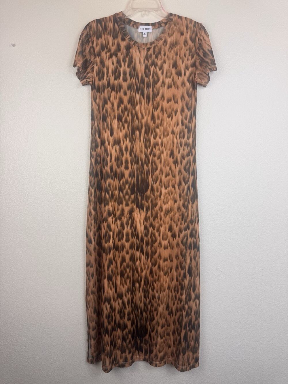 Steve Madden Nola Leopard Animal Print Mesh Midi T-Shirt Dress Orange Black M